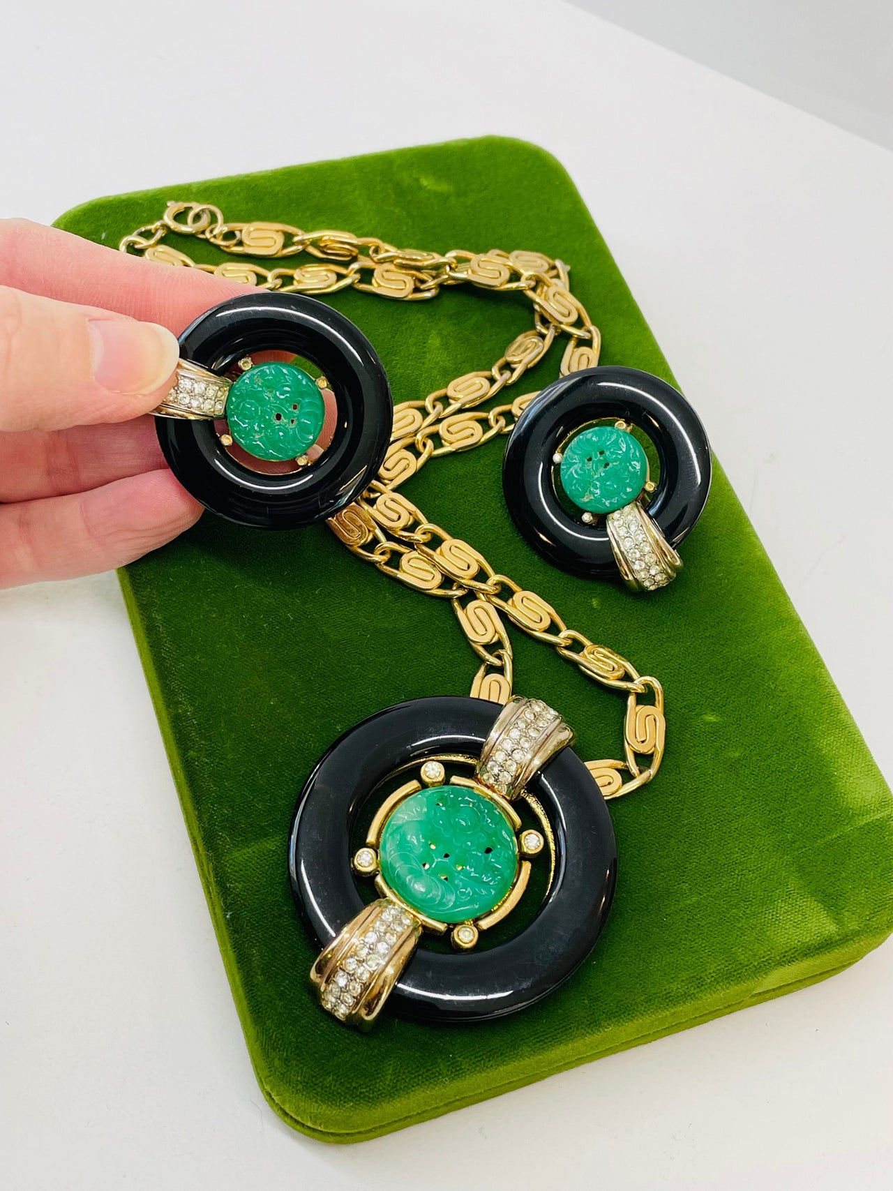 Signed Gem-Craft Vintage Faux Carved Jade Resin Rhinestone and Black Enamel Earrings and Necklace Set Devil's Details 