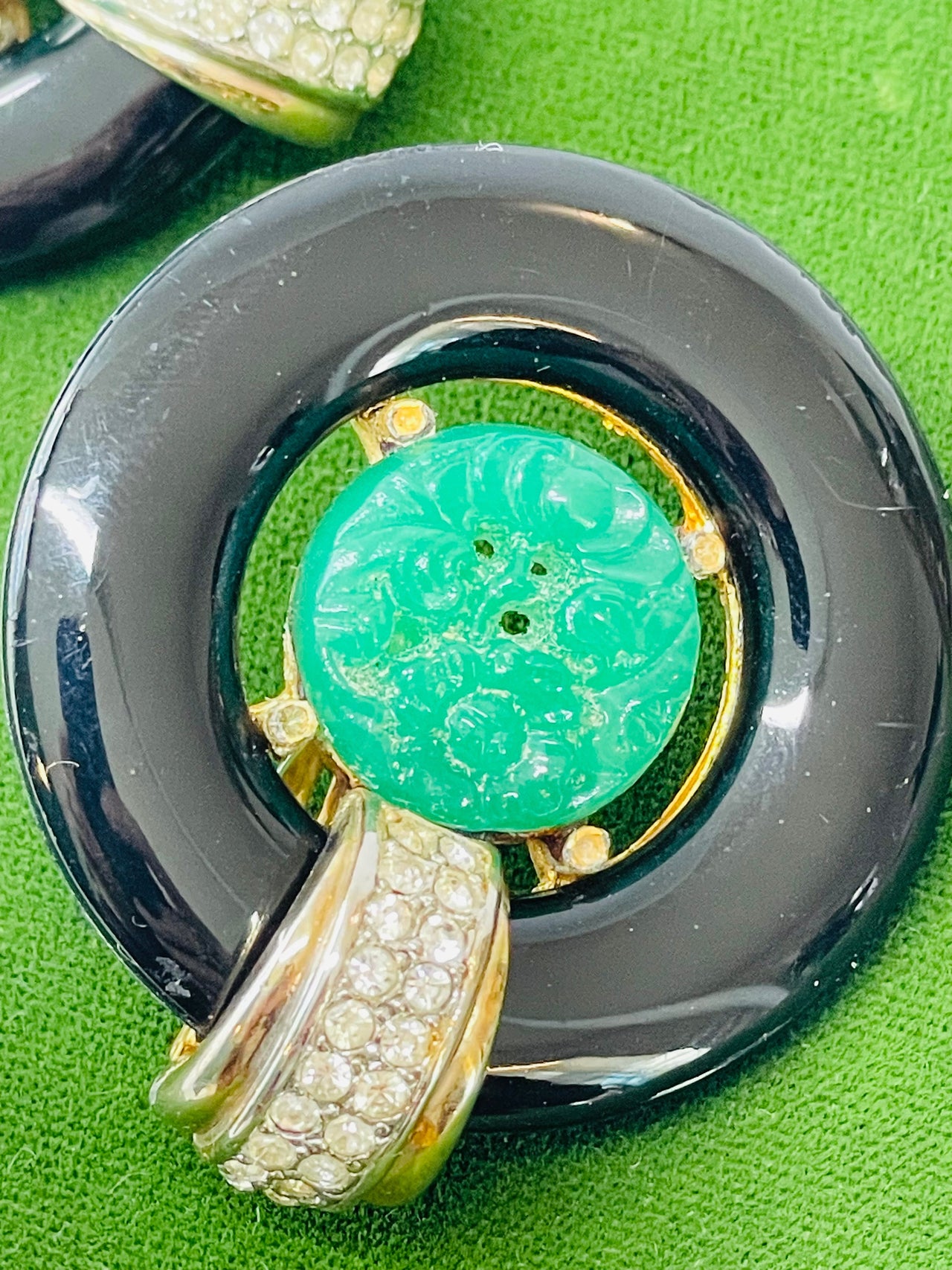 Signed Gem-Craft Vintage Faux Carved Jade Resin Rhinestone and Black Enamel Earrings and Necklace Set Devil's Details 