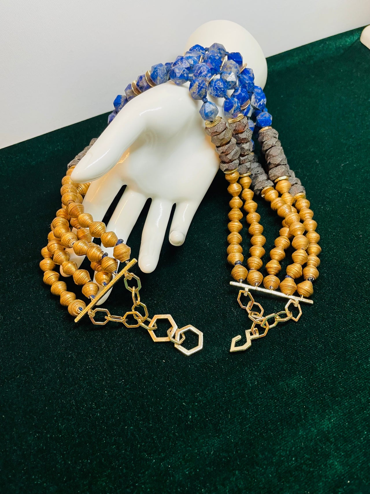 5 Strand Blue and Gold Beaded Necklace