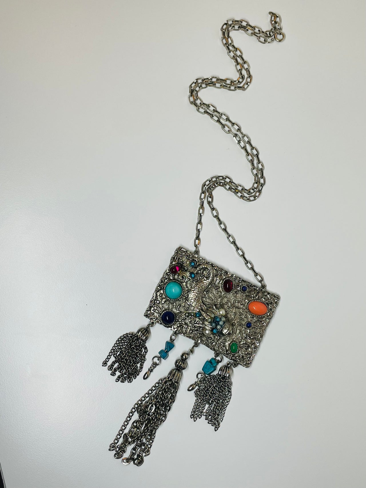Silver Fish and Stones Fringe Necklace