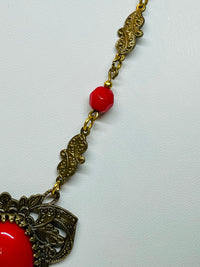 Thumbnail for Sadie Green Art Deco Style Red Cabochon Tassel Necklace