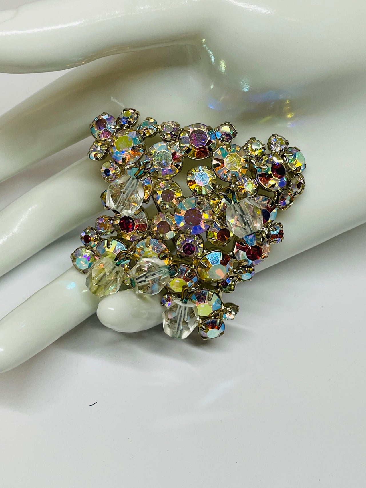 AB Rhinestone and Beaded Brooch and Earrings Set