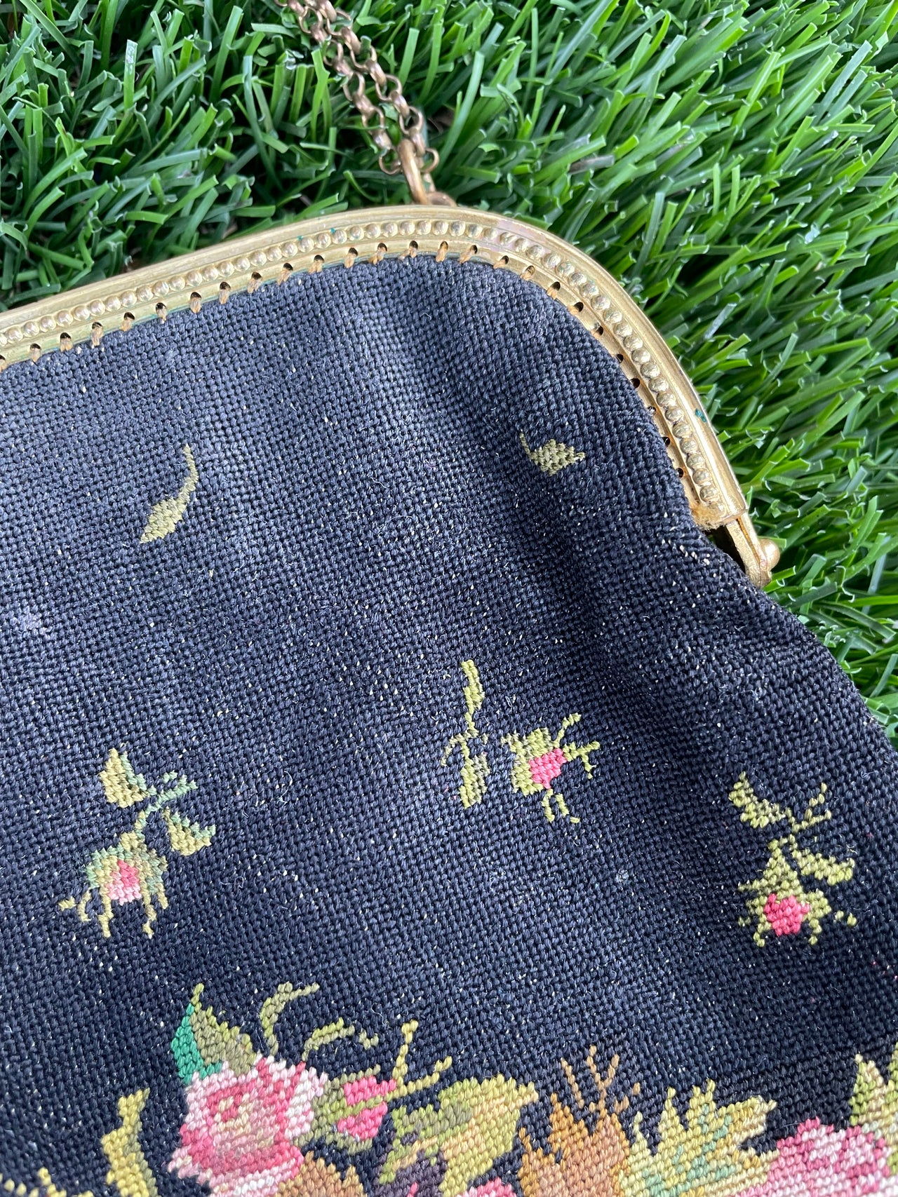 Antique Black Petite Point Rose Purse