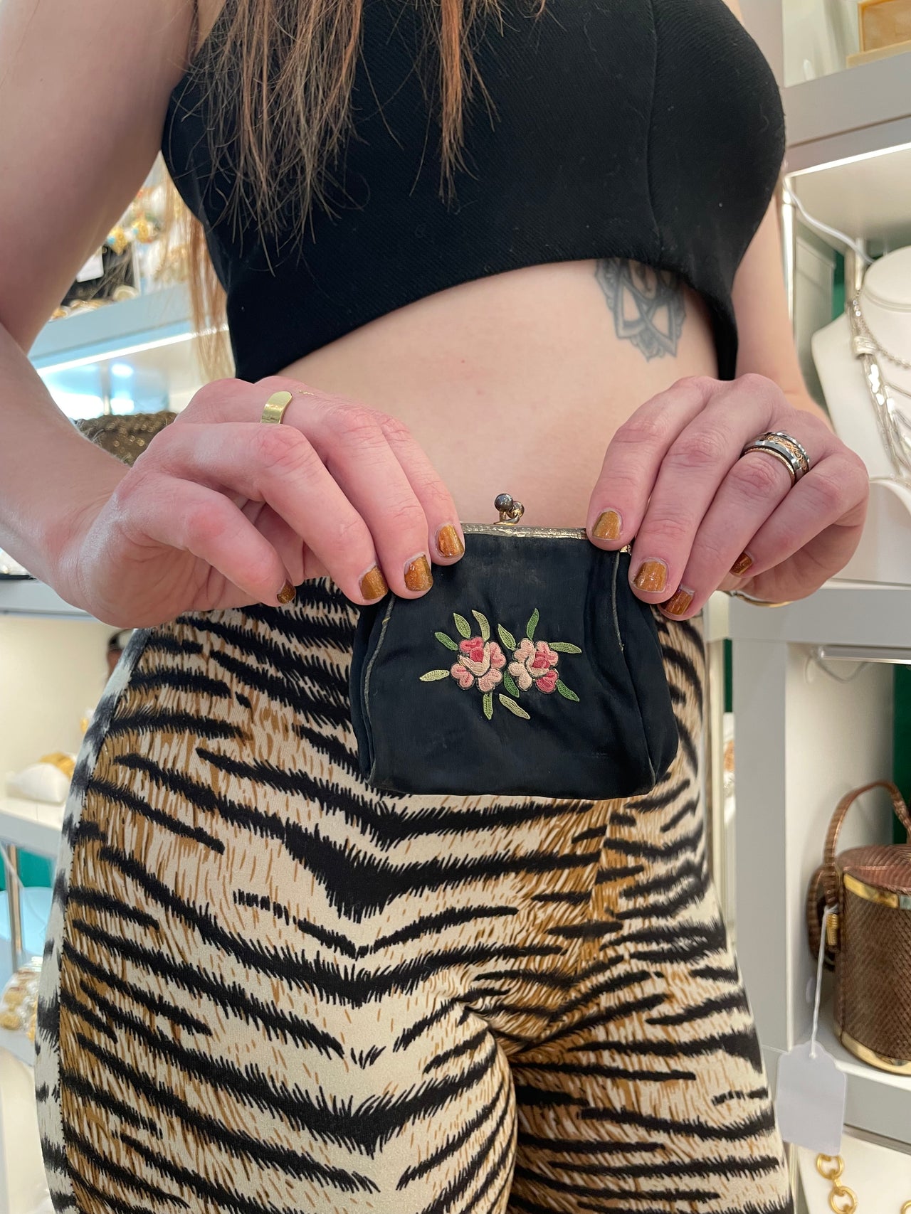 Black Silk Embroidered Rose Coin Purse