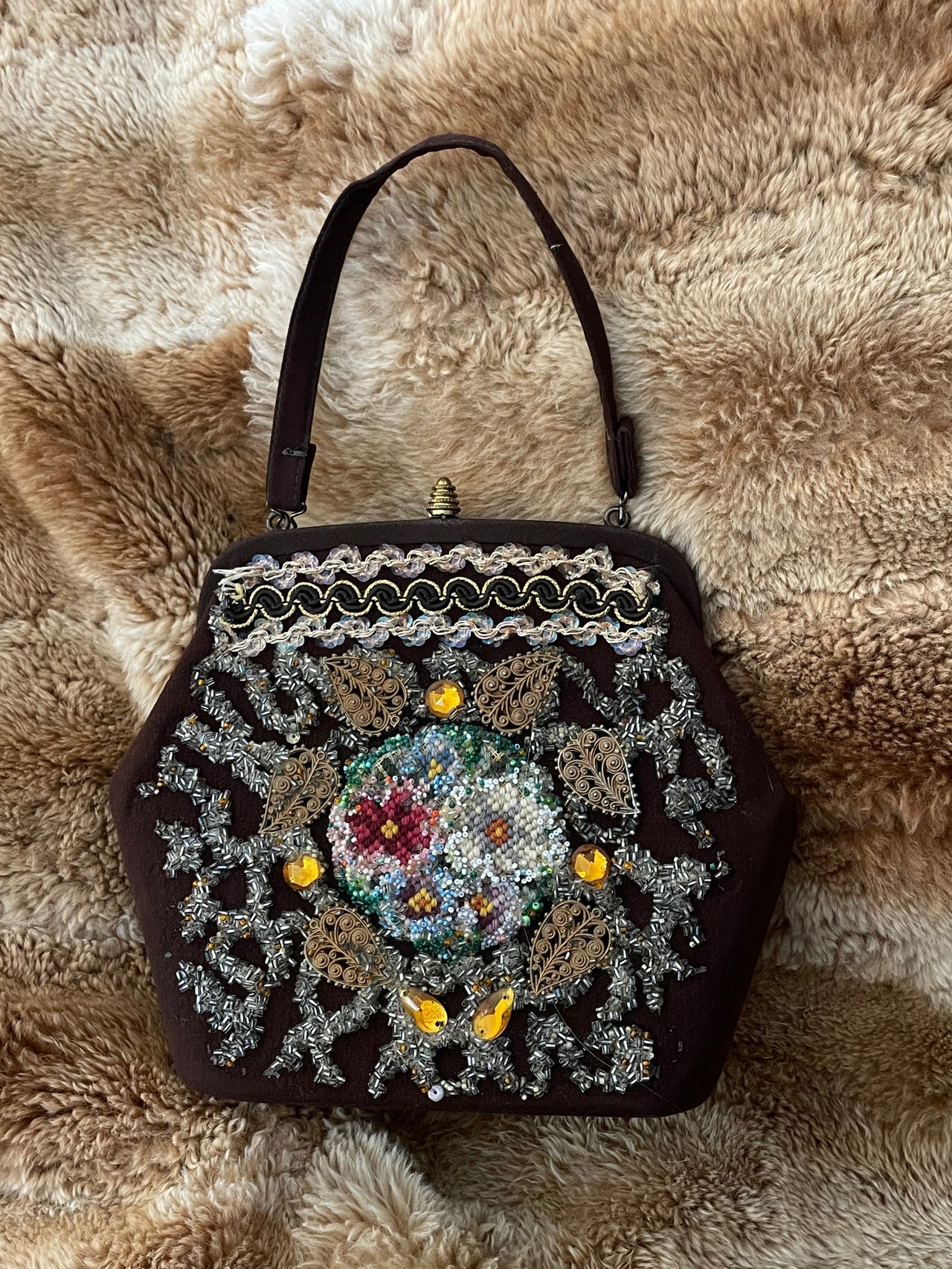 1940s Beaded & Needlepointed Brown Purse Devil's Details 