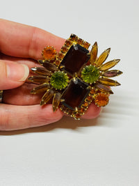 Thumbnail for 1960’s Brown, Orange and Green Rhinestone Brooch Devil's Details 