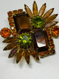 Thumbnail for 1960’s Brown, Orange and Green Rhinestone Brooch Devil's Details 