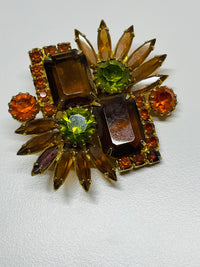 Thumbnail for 1960’s Brown, Orange and Green Rhinestone Brooch Devil's Details 
