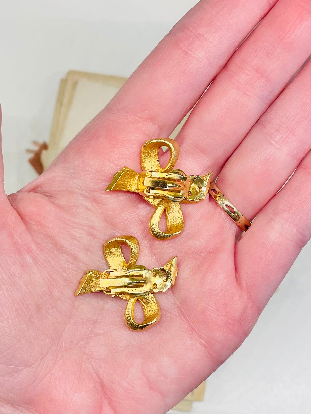 1960s Gold Bow AB Rhinestone Clip Earrings Jewelry Bloomers and Frocks 