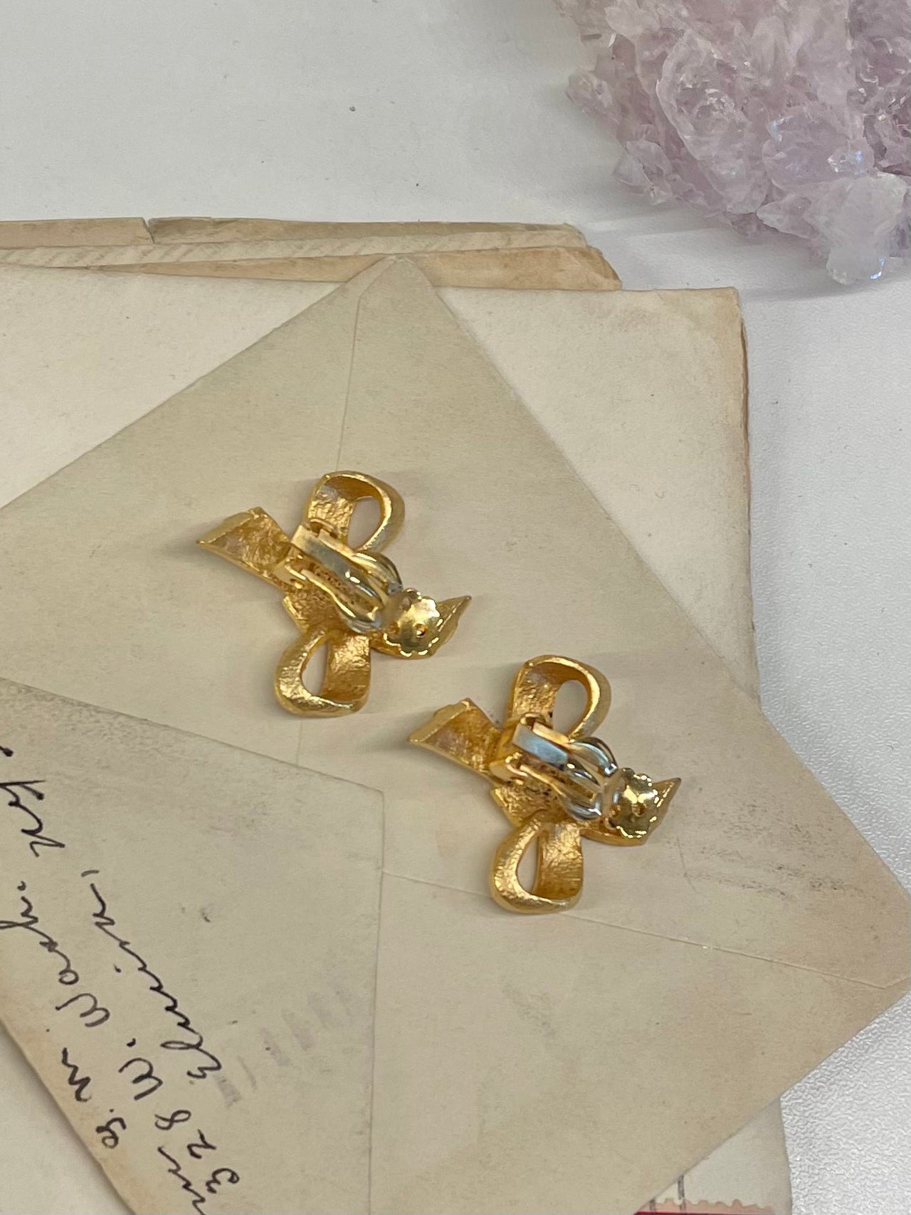 1960s Gold Bow AB Rhinestone Clip Earrings Jewelry Bloomers and Frocks 