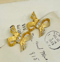 Thumbnail for 1960s Gold Bow AB Rhinestone Clip Earrings Jewelry Bloomers and Frocks 