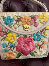 Thumbnail for 1960s Oversized Floral Raffia Purse Devil's Details 