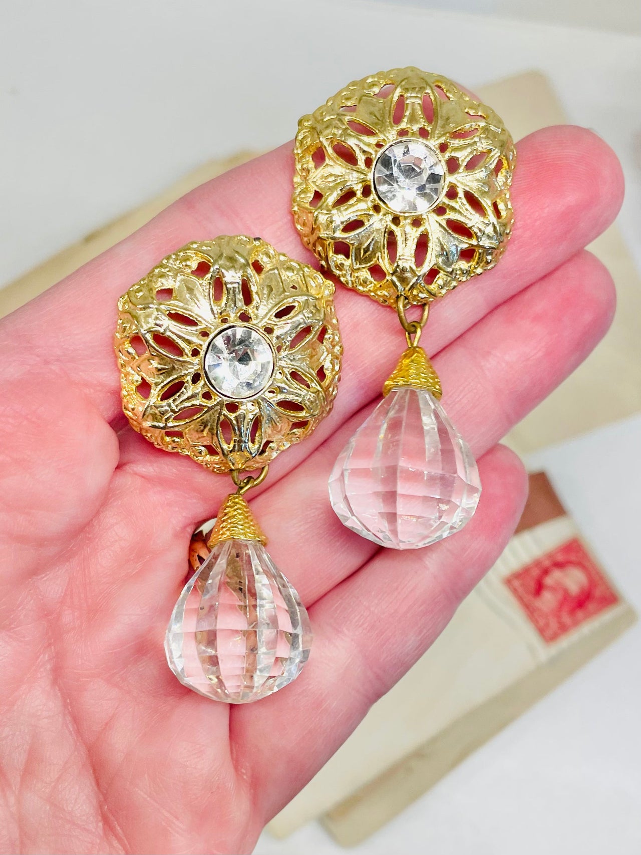 1980s Gold Filigree Pierced Earrings with Lucite Drops Jewelry Bloomers and Frocks 