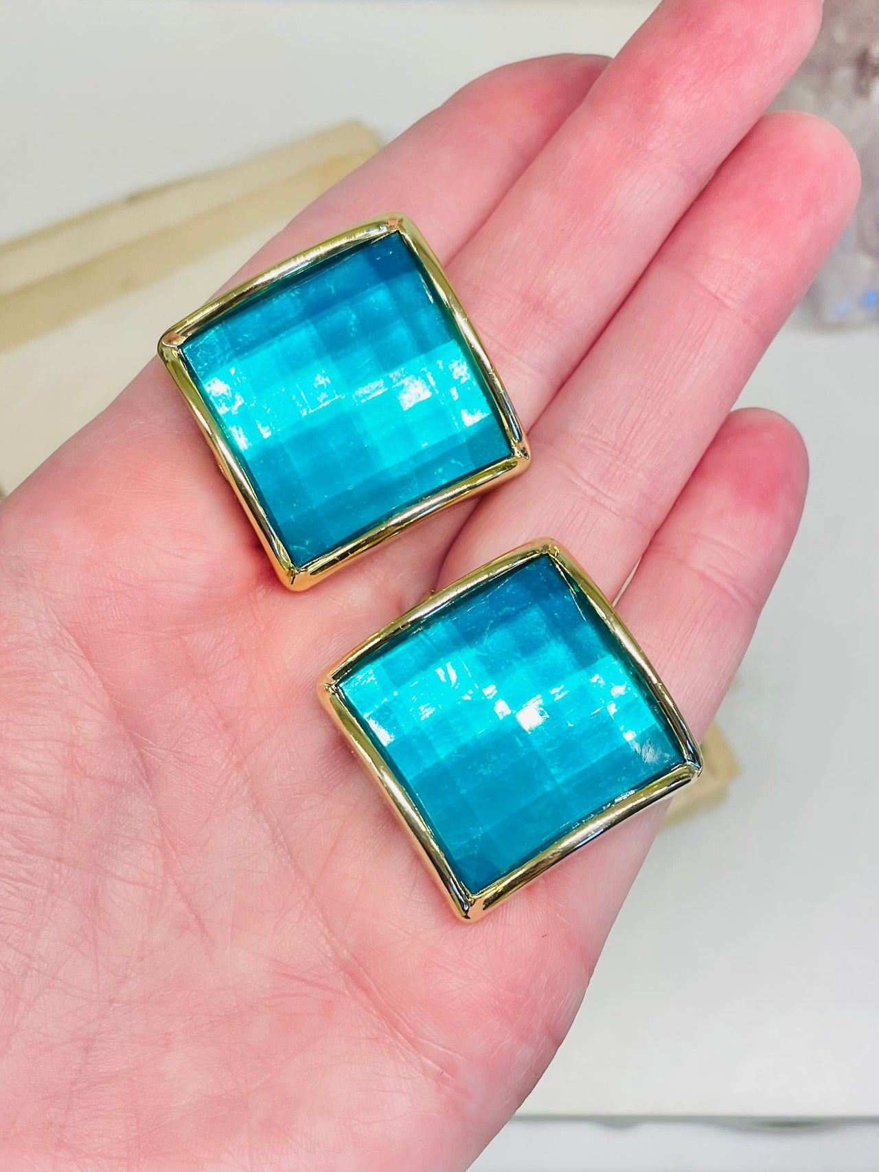 1980s Green Square Large Stud Pierced Earrings Jewelry Bloomers and Frocks 