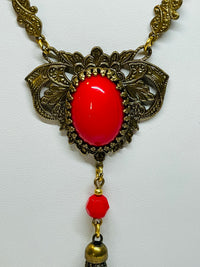 Thumbnail for Sadie Green Art Deco Style Red Cabochon Tassel Necklace
