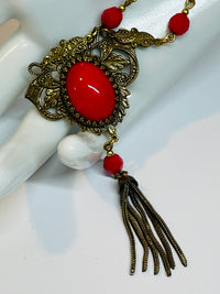 Thumbnail for Sadie Green Art Deco Style Red Cabochon Tassel Necklace