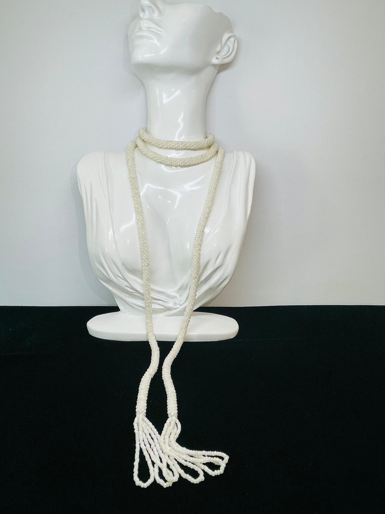 Flapper Style White Beaded Lariat