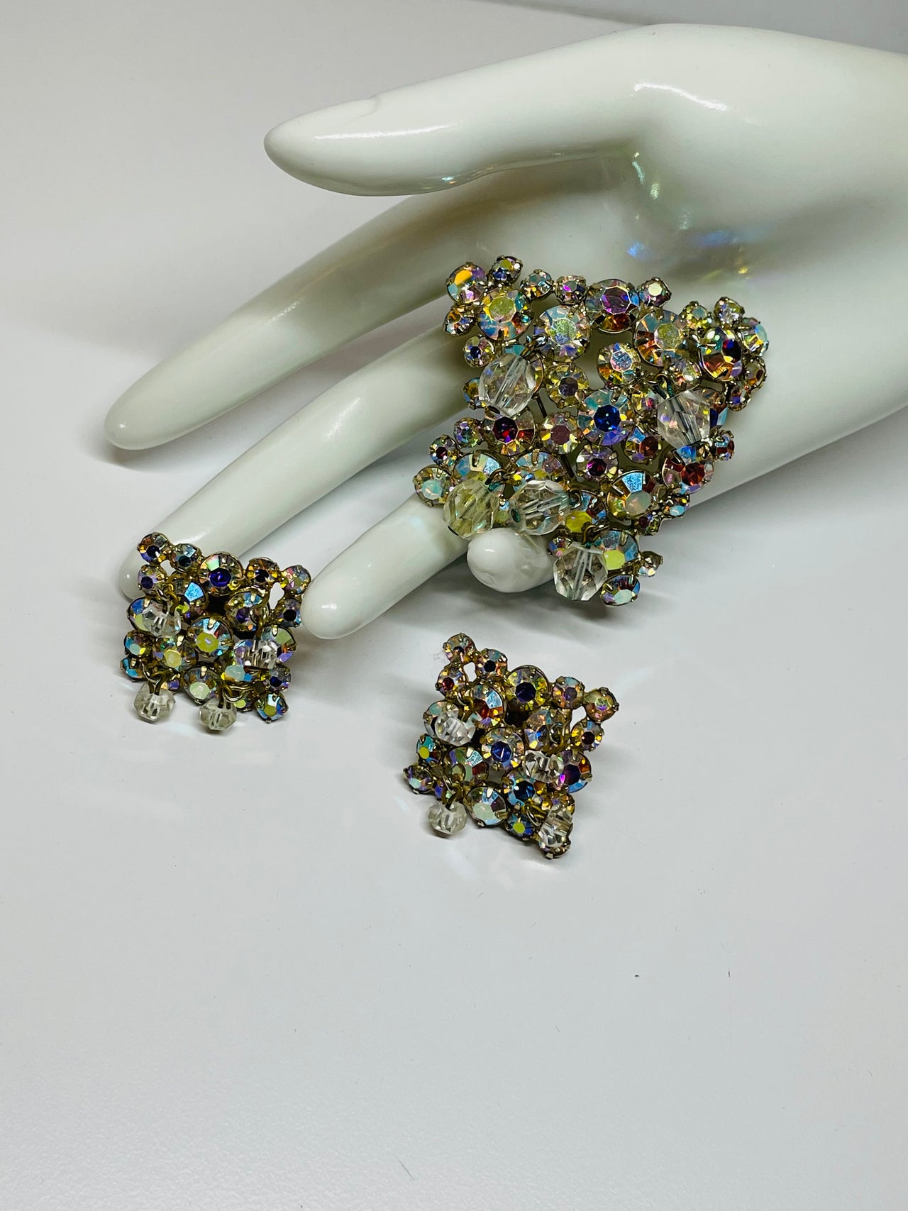 AB Rhinestone and Beaded Brooch and Earrings Set