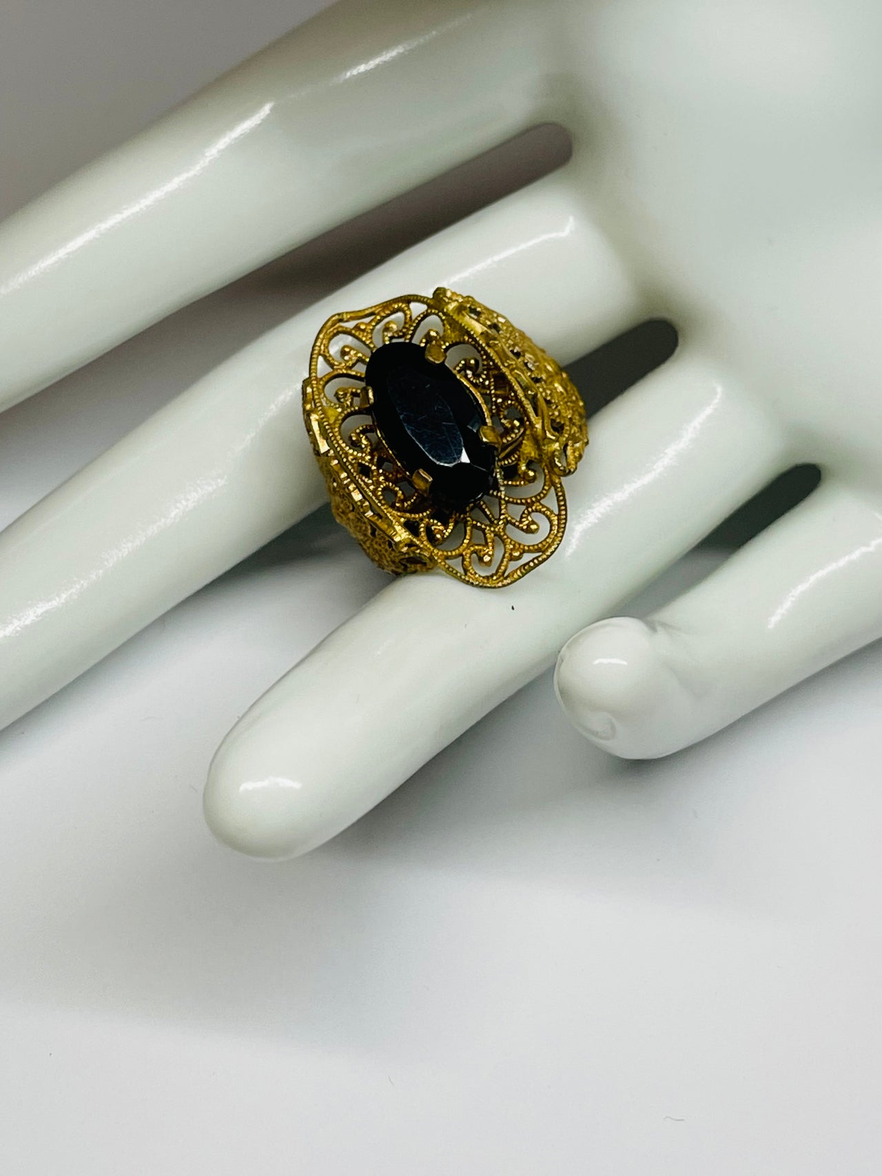 Gold Plated Filigree Ring with Black Stone