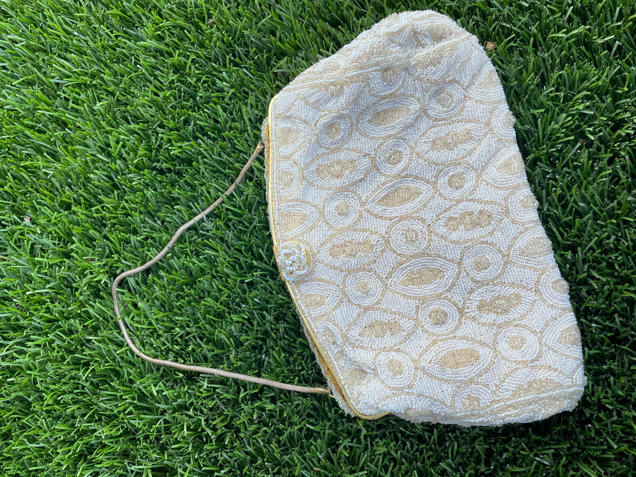 Midcentury French White Beaded Clutch Purse