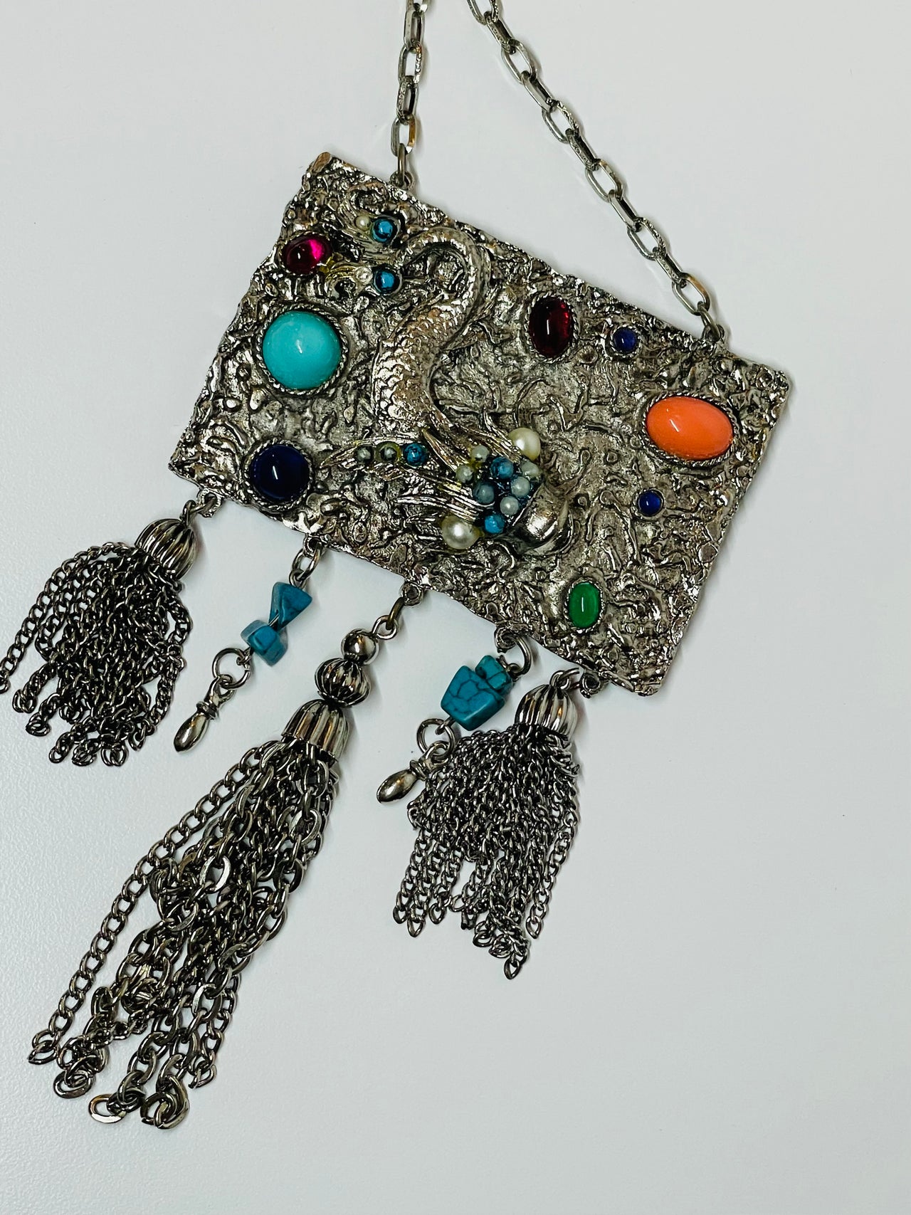 Silver Fish and Stones Fringe Necklace