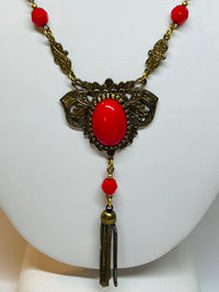 Thumbnail for Sadie Green Art Deco Style Red Cabochon Tassel Necklace