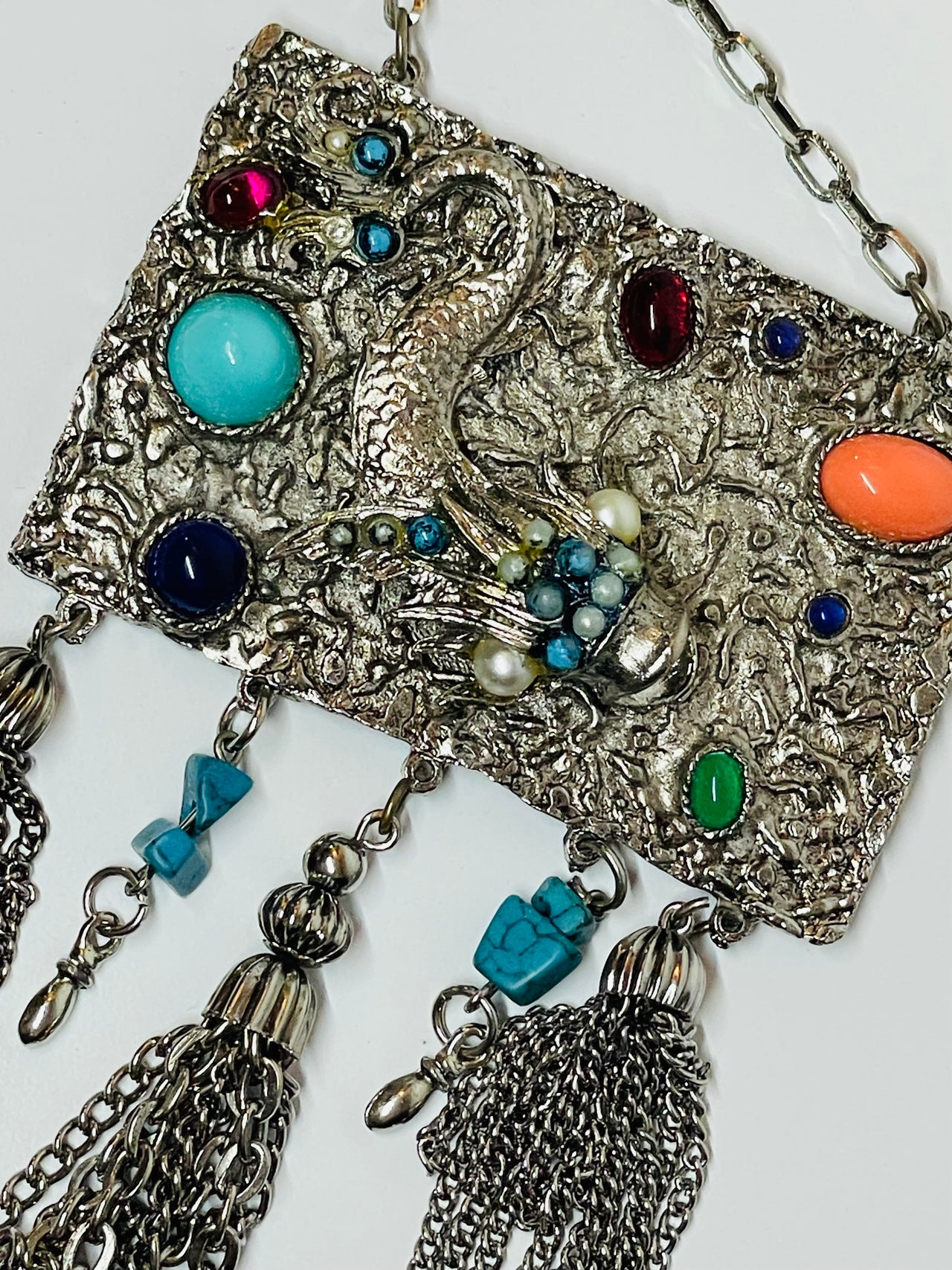 Silver Fish and Stones Fringe Necklace