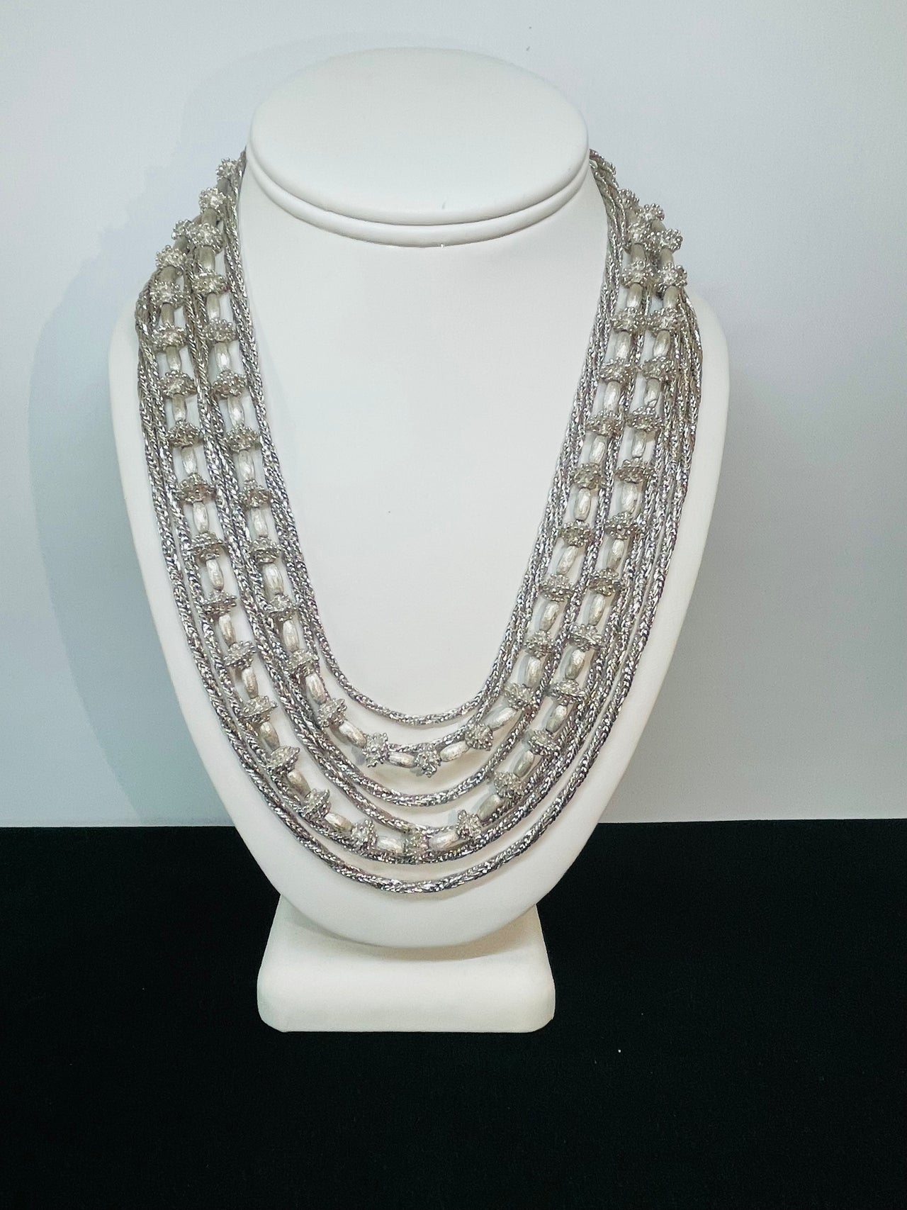1960’s Trifari 8 Strand Silver Chain and Beaded Necklace