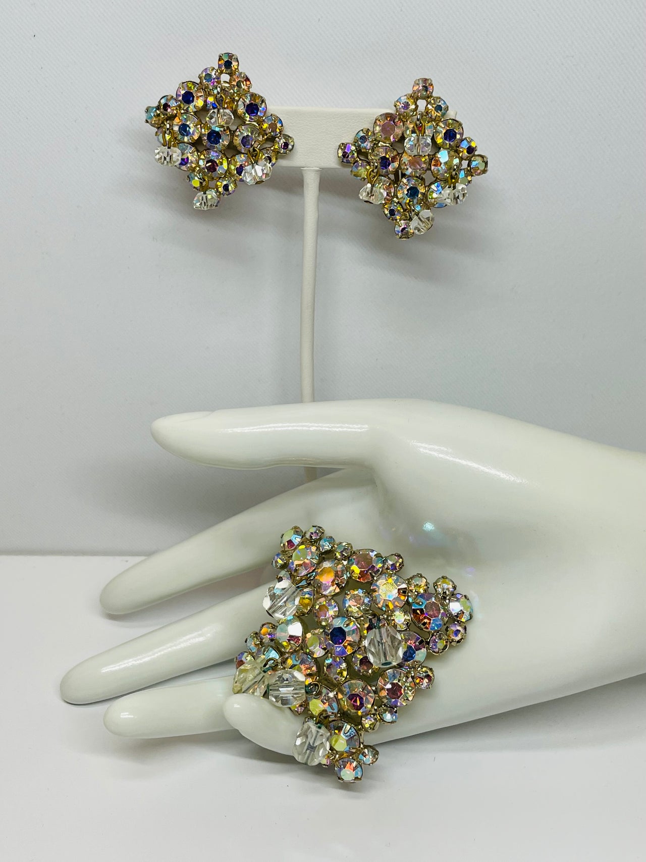AB Rhinestone and Beaded Brooch and Earrings Set