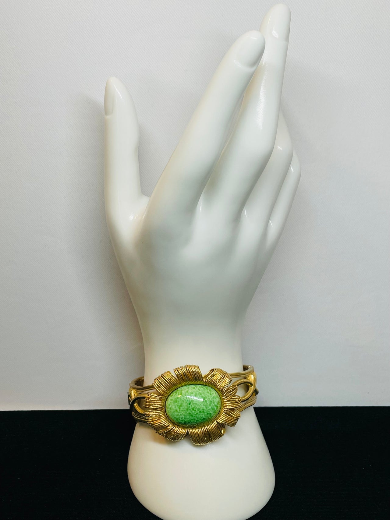 Gold and Green Flower Clamper Bracelet