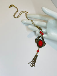 Thumbnail for Sadie Green Art Deco Style Red Cabochon Tassel Necklace