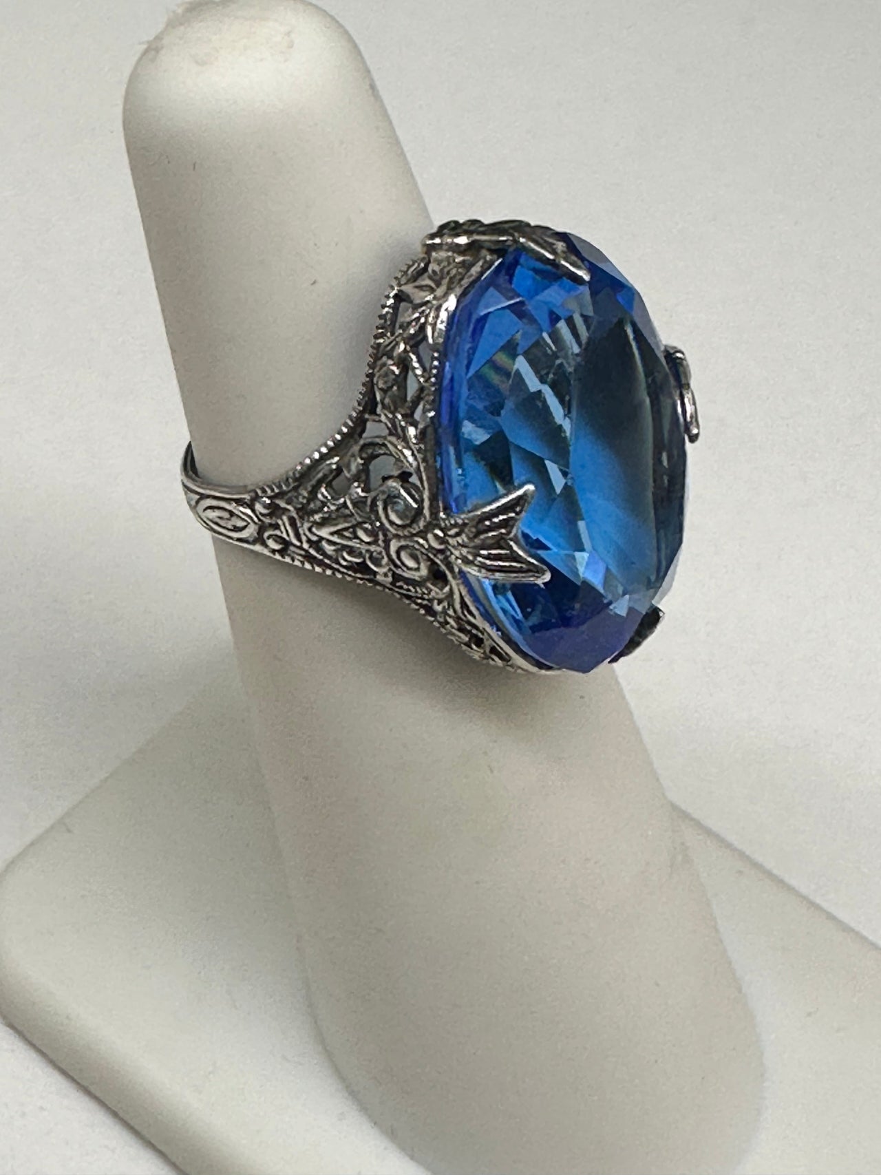 Art Deco Sterling Blue Glass Ring Devil's Details 