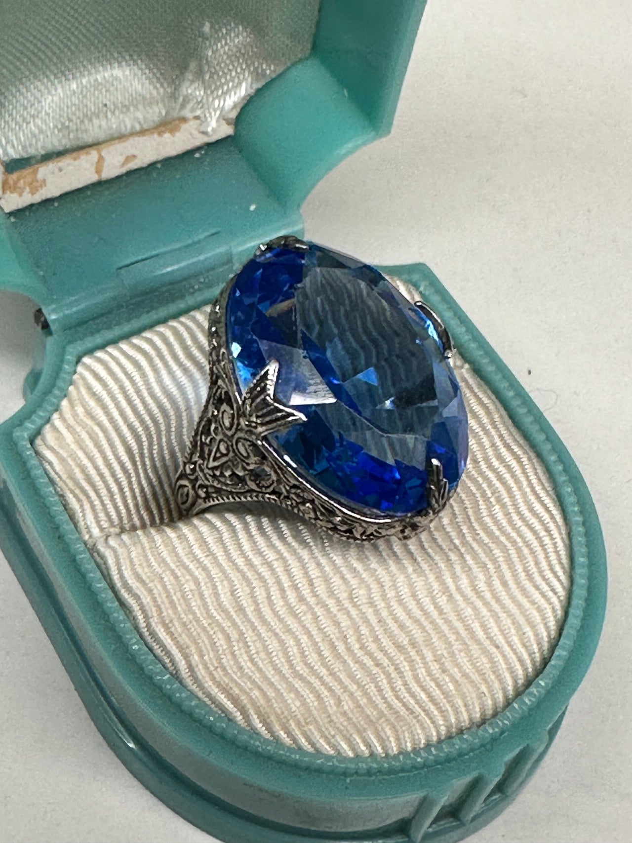 Art Deco Sterling Blue Glass Ring Devil's Details 