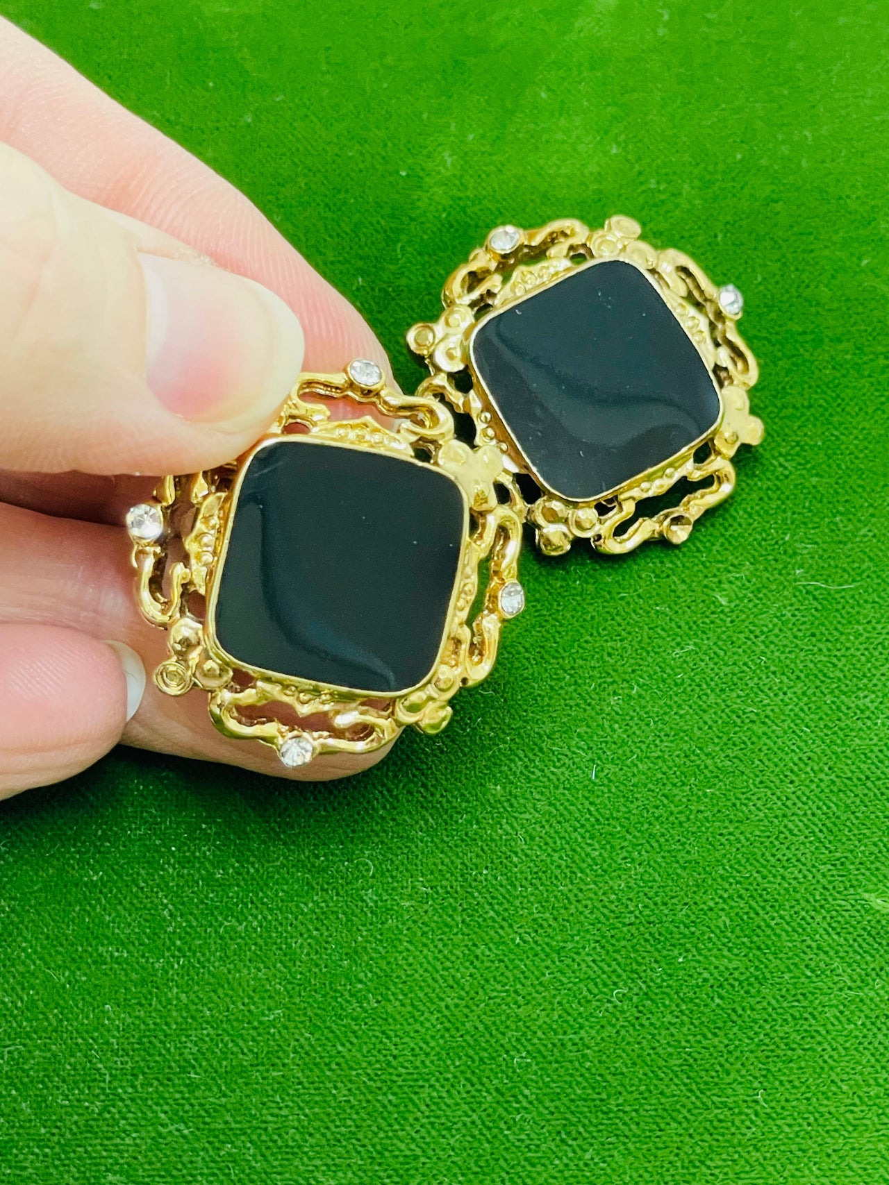 Black and Gold Square Clip on Earrings with Rhinestones Devil's Details 