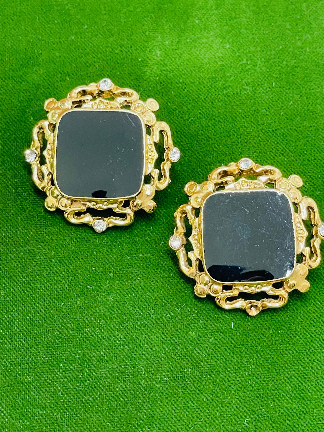 Black and Gold Square Clip on Earrings with Rhinestones Devil's Details 