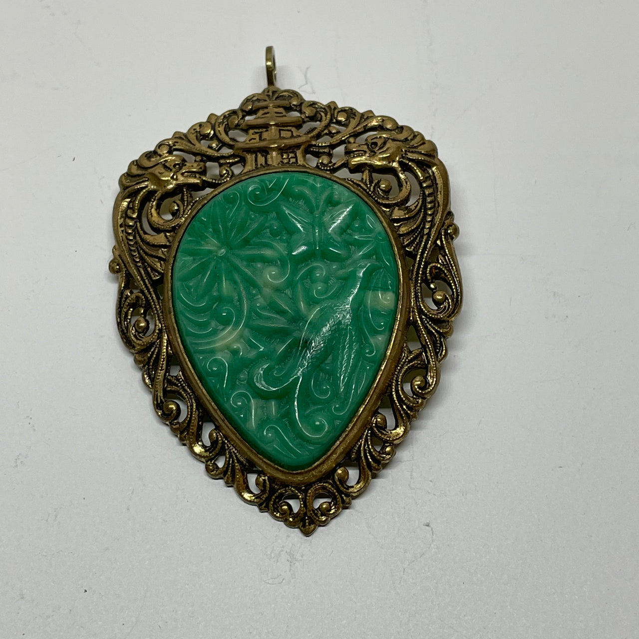 Brass and Plastic Green Carved Brooch/ Pendant Bloomers and Frocks 