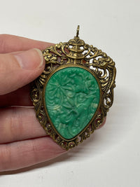 Thumbnail for Brass and Plastic Green Carved Brooch/ Pendant Bloomers and Frocks 