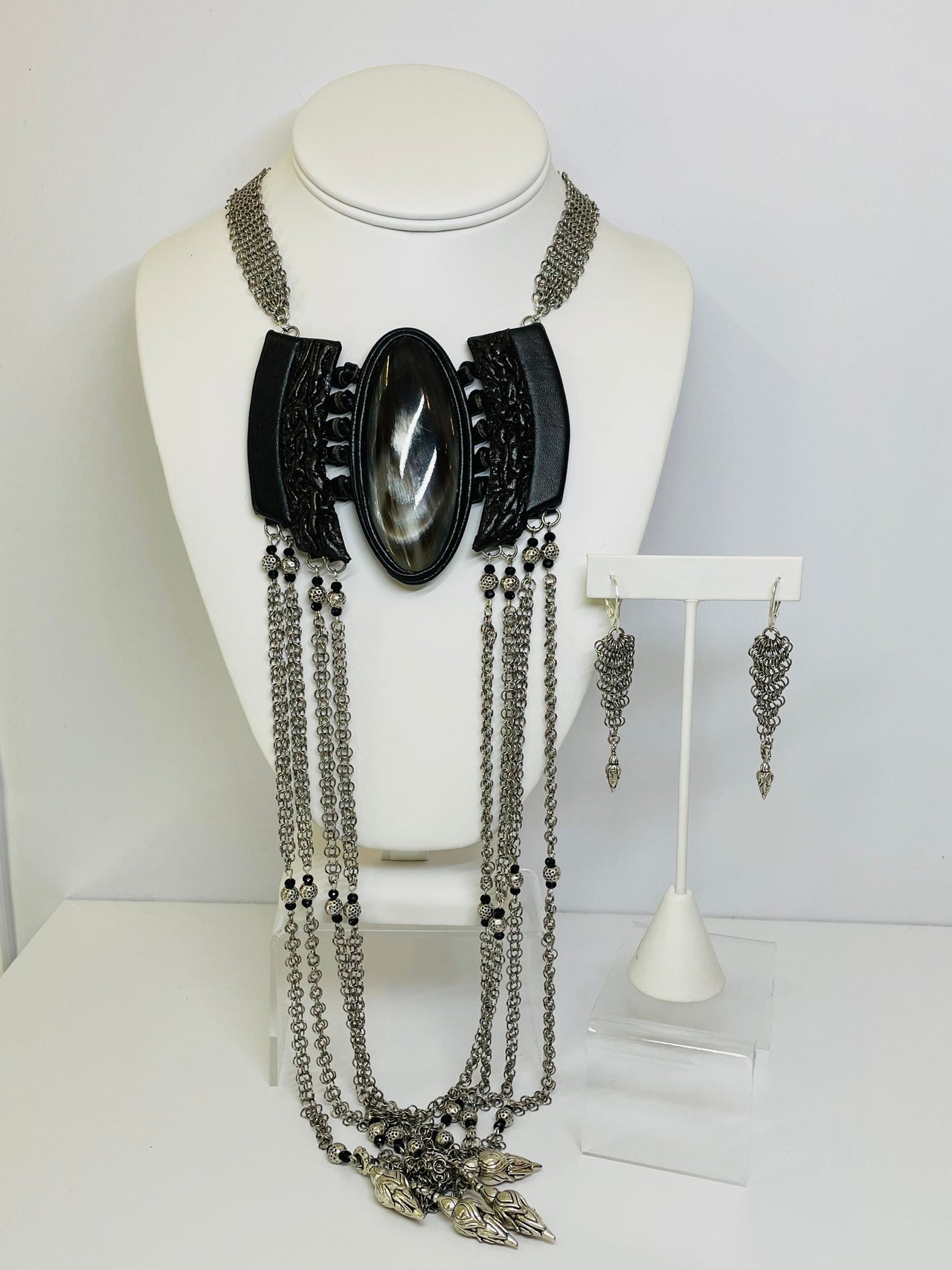 Ferrara Silver Mesh and Leather Bull Horn Necklace and Earrings Devil's Details 