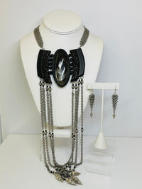 Thumbnail for Ferrara Silver Mesh and Leather Bull Horn Necklace and Earrings Devil's Details 