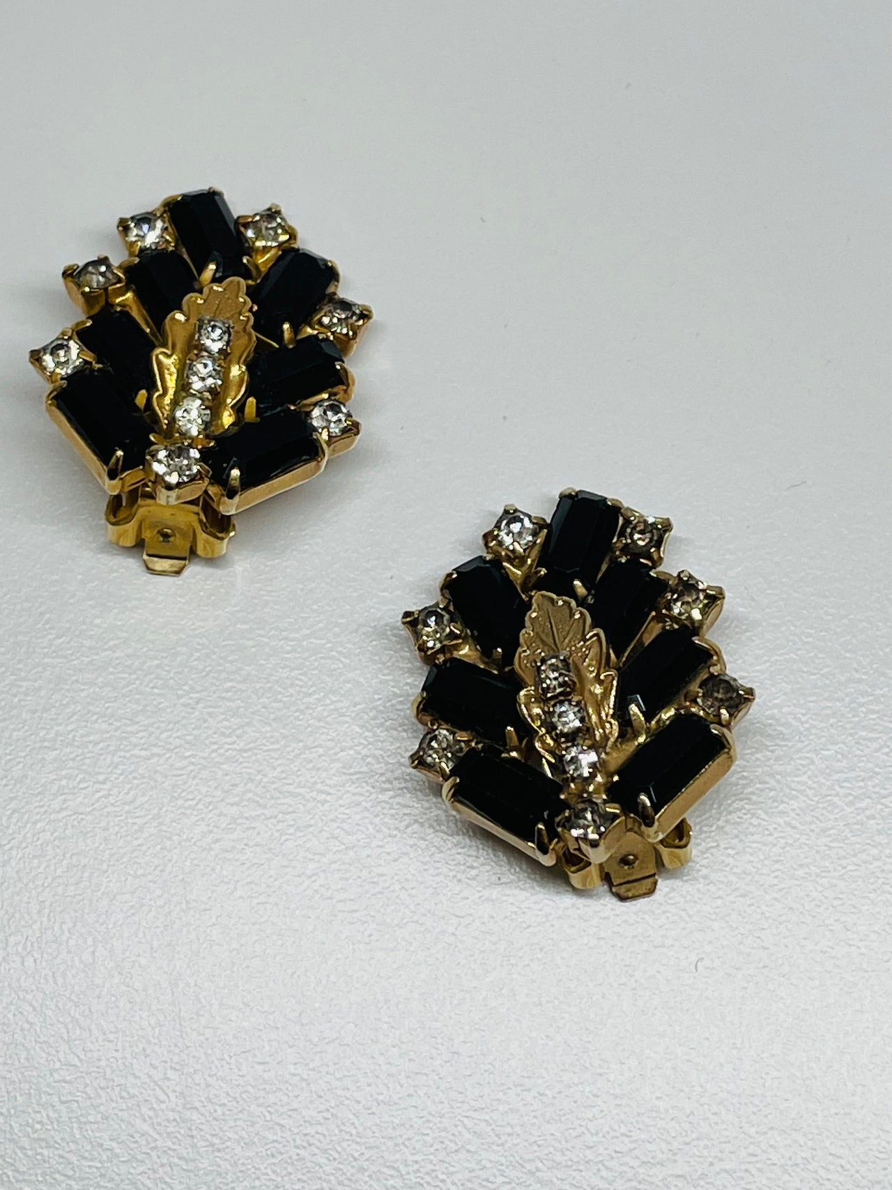 Gold Leaf Clip On Earrings with Black and Clear Rhinestone Devil's Details 