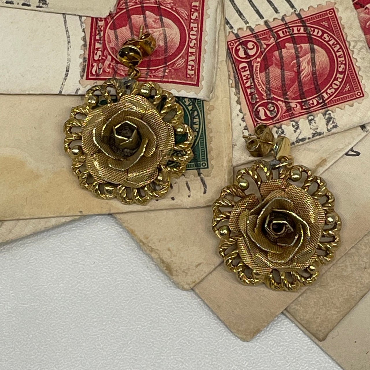 Gold Rose Dangle Earrings Bloomers and Frocks 