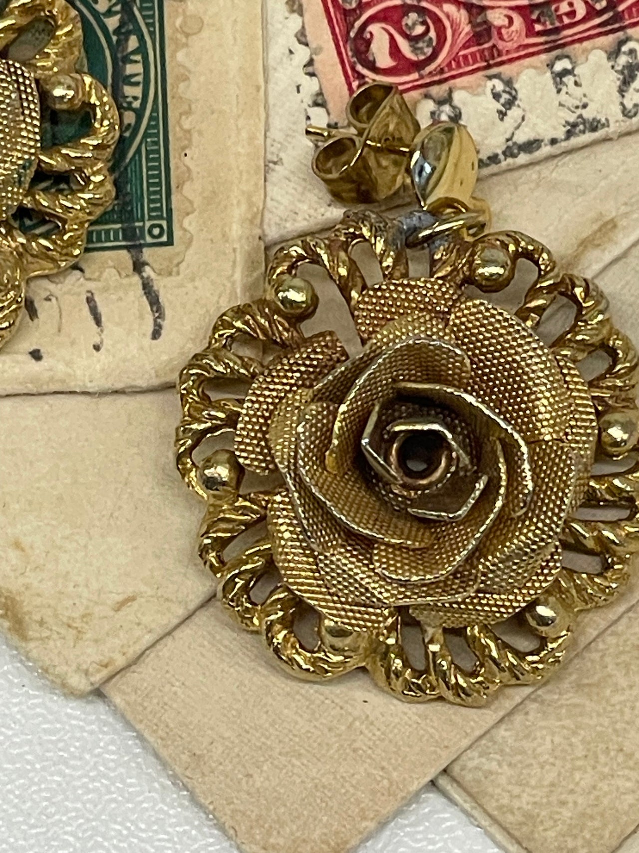 Gold Rose Dangle Earrings Bloomers and Frocks 