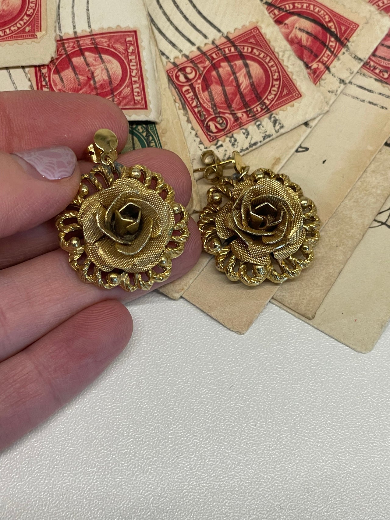 Gold Rose Dangle Earrings Bloomers and Frocks 