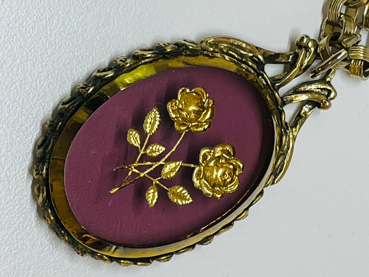Gold Roses in Purple Glass Pendant Devil's Details 
