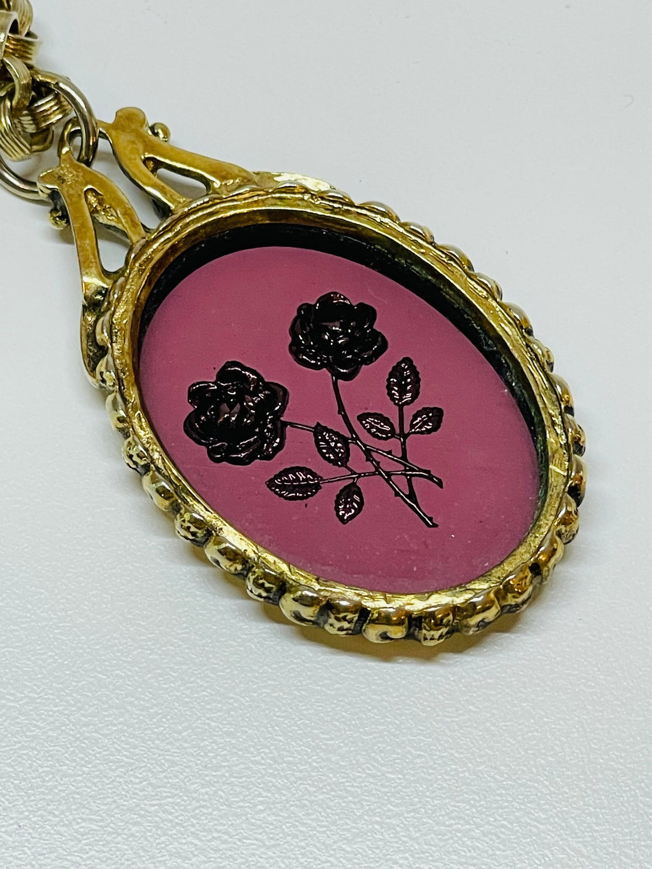 Gold Roses in Purple Glass Pendant Devil's Details 