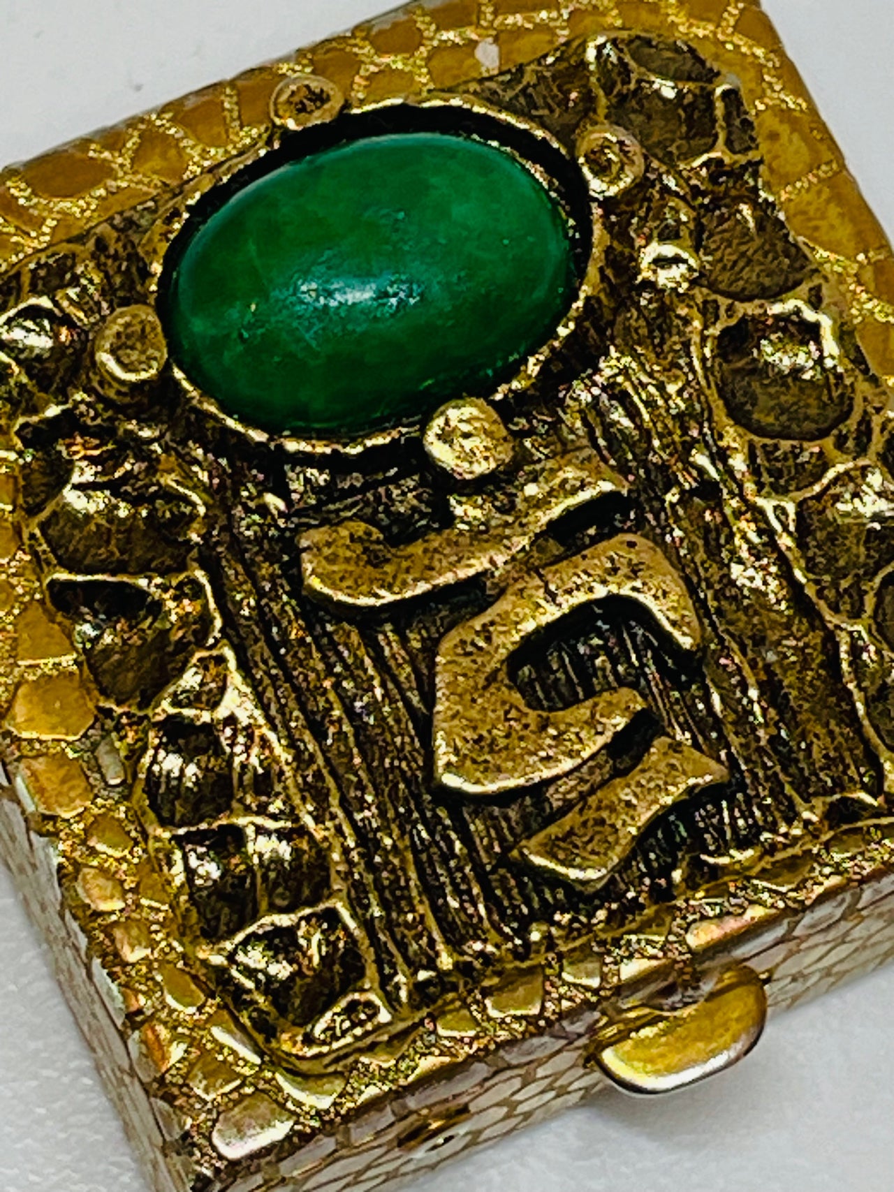 Gold Square Pill Box with Green Cabochon Devil's Details 