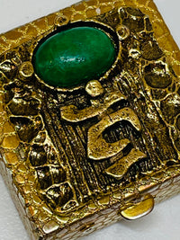 Thumbnail for Gold Square Pill Box with Green Cabochon Devil's Details 