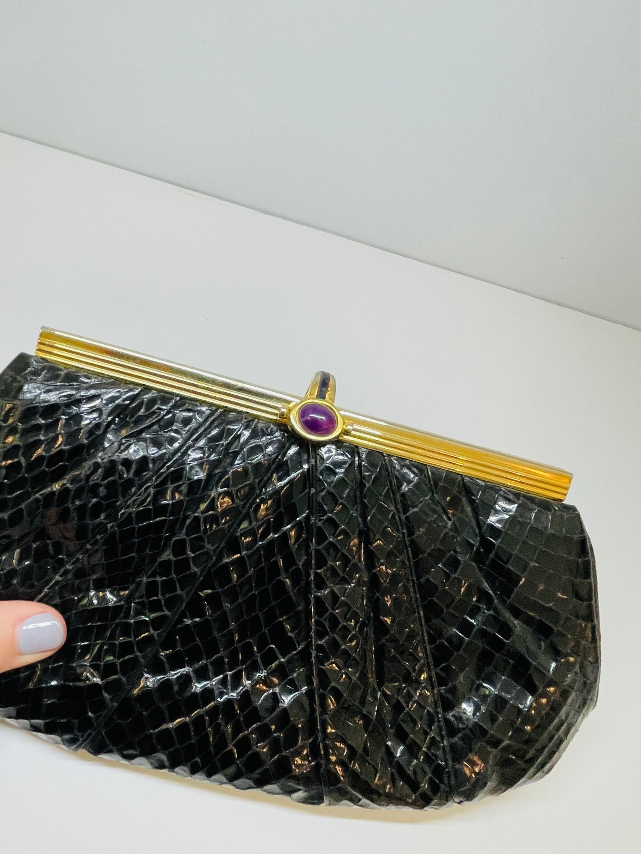 Judith Lieber Black Snake Skin and Brass Purse with Purple Cabochon Devil's Details 