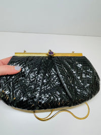Thumbnail for Judith Lieber Black Snake Skin and Brass Purse with Purple Cabochon Devil's Details 