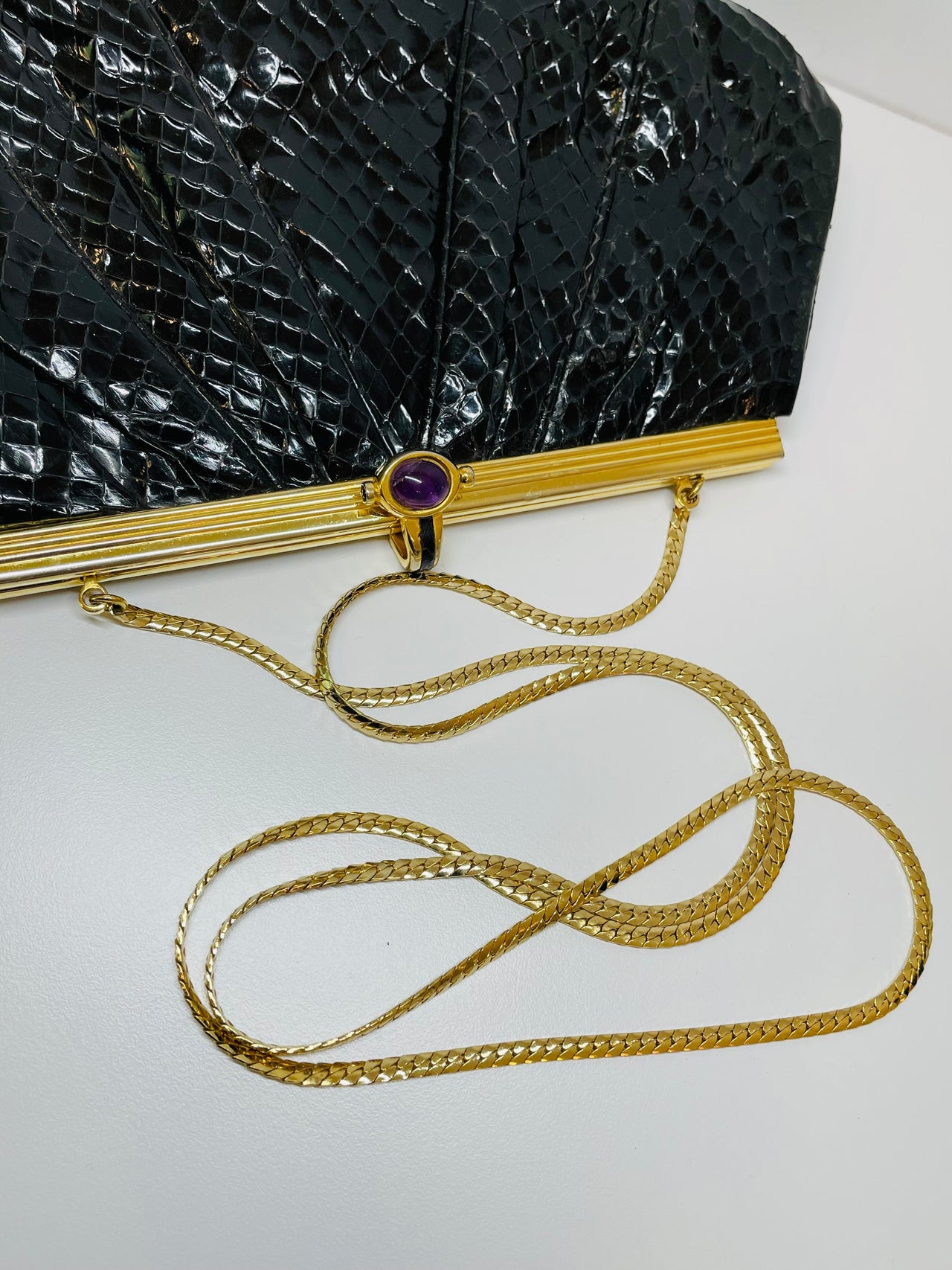 Judith Lieber Black Snake Skin and Brass Purse with Purple Cabochon Devil's Details 